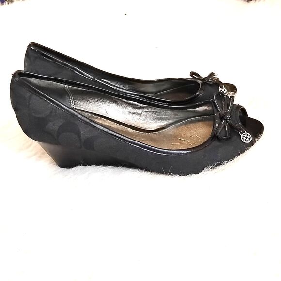 Coach Womens Size 8.5 B  Black Wedge Heel Open Toe Dress Shoes Slip On LOGO - Picture 2 of 9